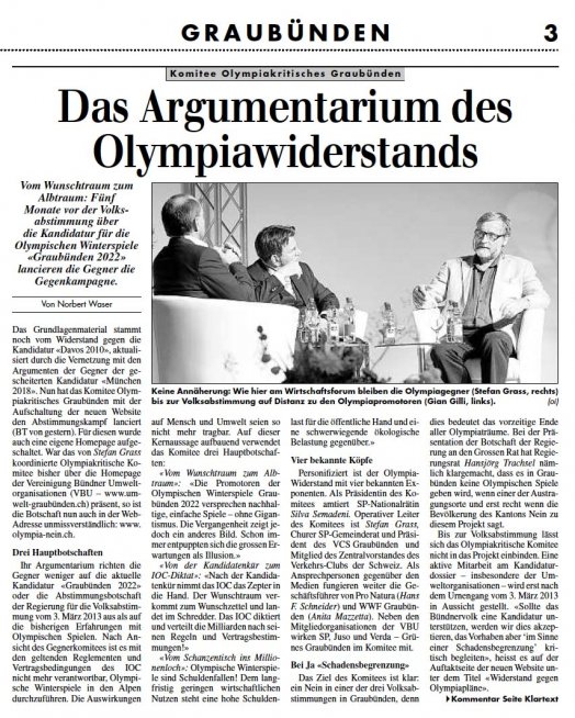 Das Argumentarium des Olympiawiderstands von Norbert Waser im Bündner Tagblatt